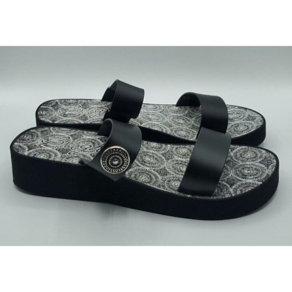Brighton Sandals Size 10 Leather Black Medallion Wedge Cushioned Slip On - Picture 6 of 14